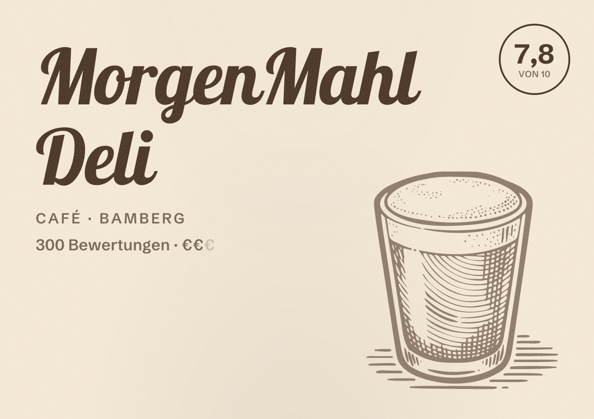 Illustriertes Poster von MorgenMahl Deli, Café in Bamberg: Bewertung 7,8 von 10 aus 300 Bewertungen, Preisniveau €€