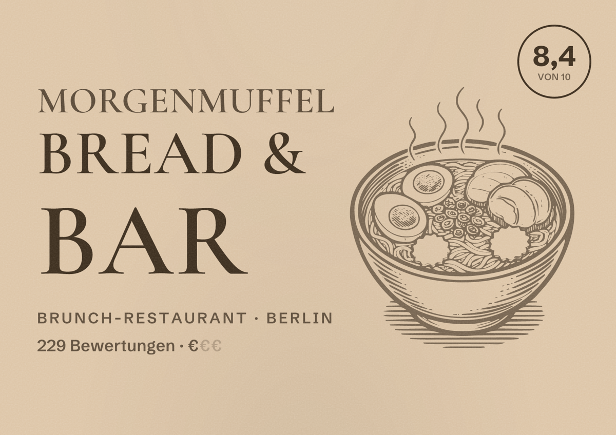 Illustriertes Poster von Morgenmuffel Bread & Bar, Brunch-Restaurant in Berlin: Bewertung 8,4 von 10 aus 229 Bewertungen, Preisniveau €