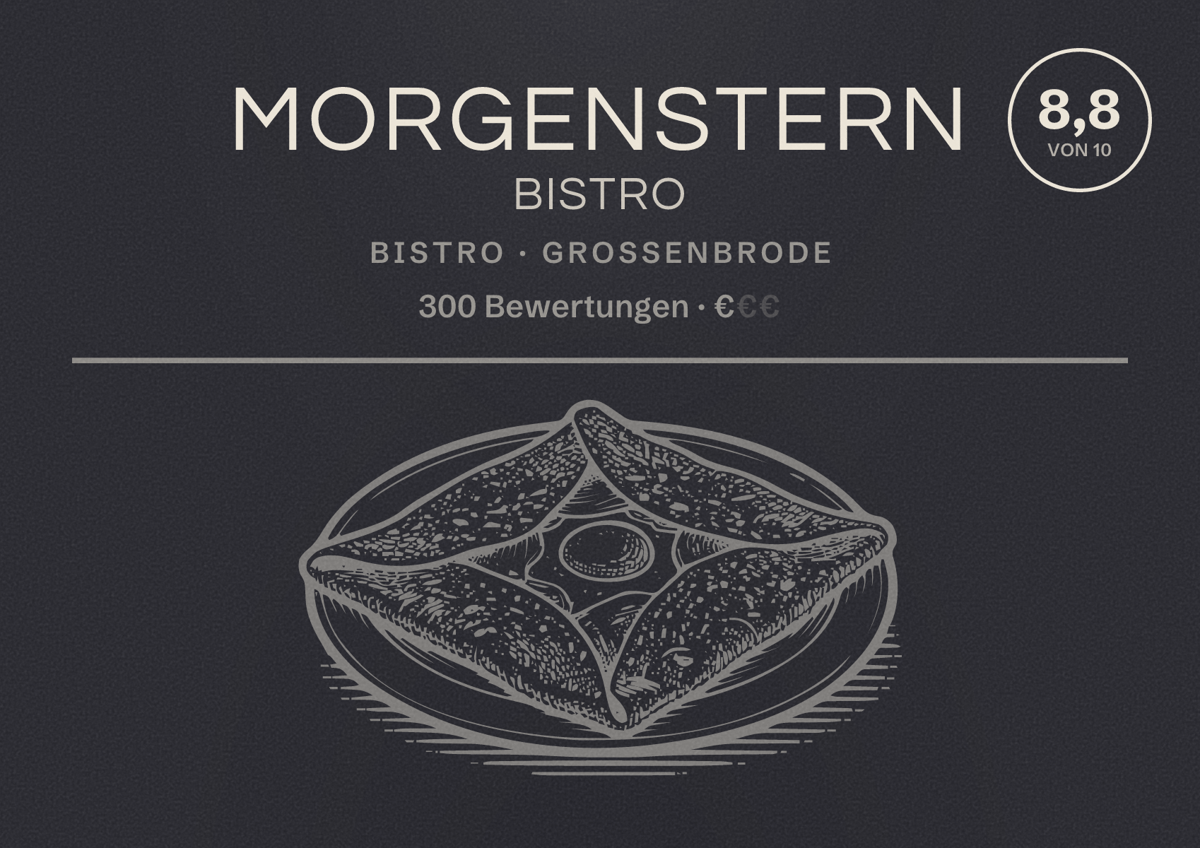 Illustriertes Poster von Morgenstern Bistro, Bistro in Großenbrode: Bewertung 8,8 von 10 aus 300 Bewertungen, Preisniveau €