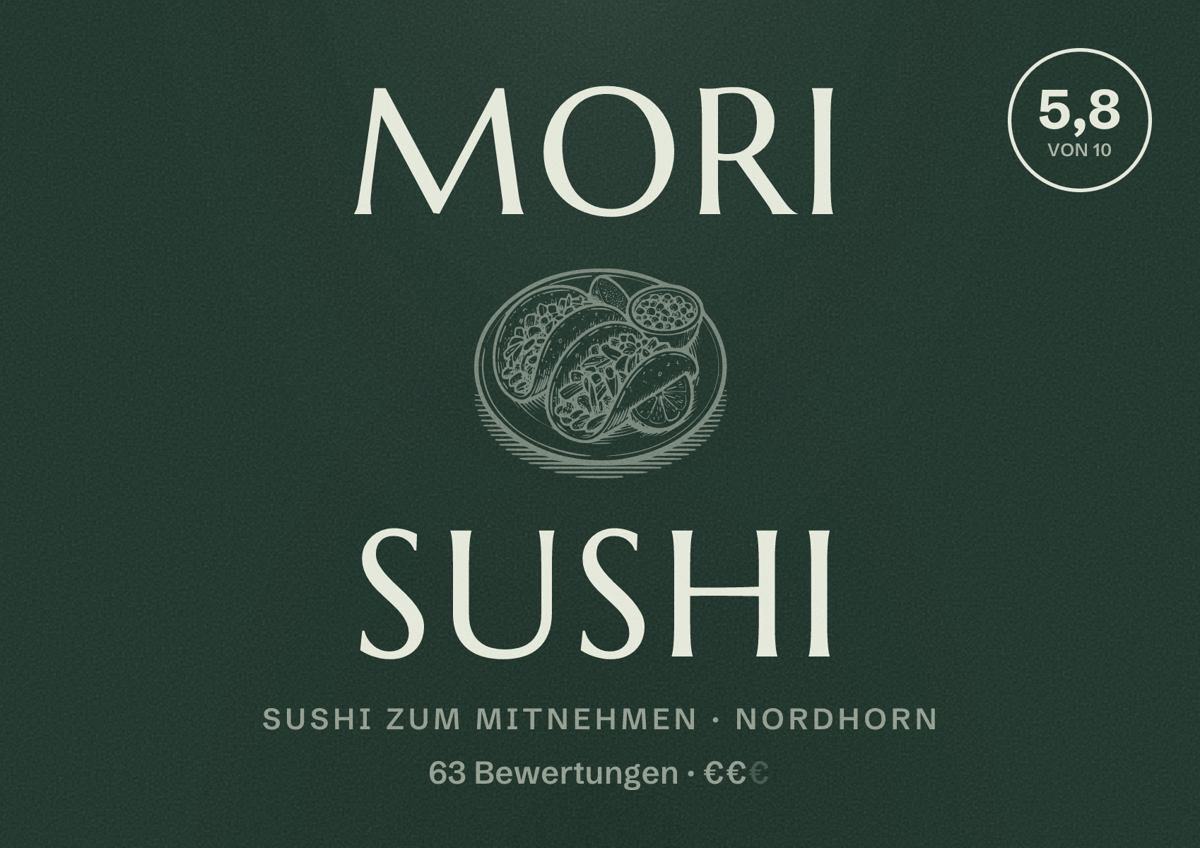 Illustriertes Poster von Mori sushi, Sushi zum Mitnehmen in Nordhorn: Bewertung 5,8 von 10 aus 63 Bewertungen, Preisniveau €€