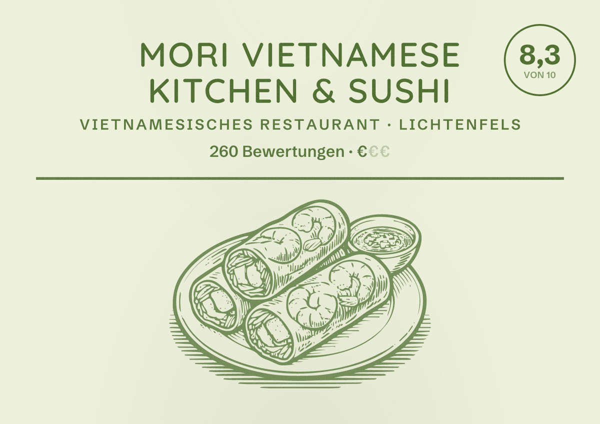 Illustriertes Poster von Mori Vietnamese Kitchen & Sushi, Vietnamesisches Restaurant in Lichtenfels: Bewertung 8,3 von 10 aus 260 Bewertungen, Preisniveau €