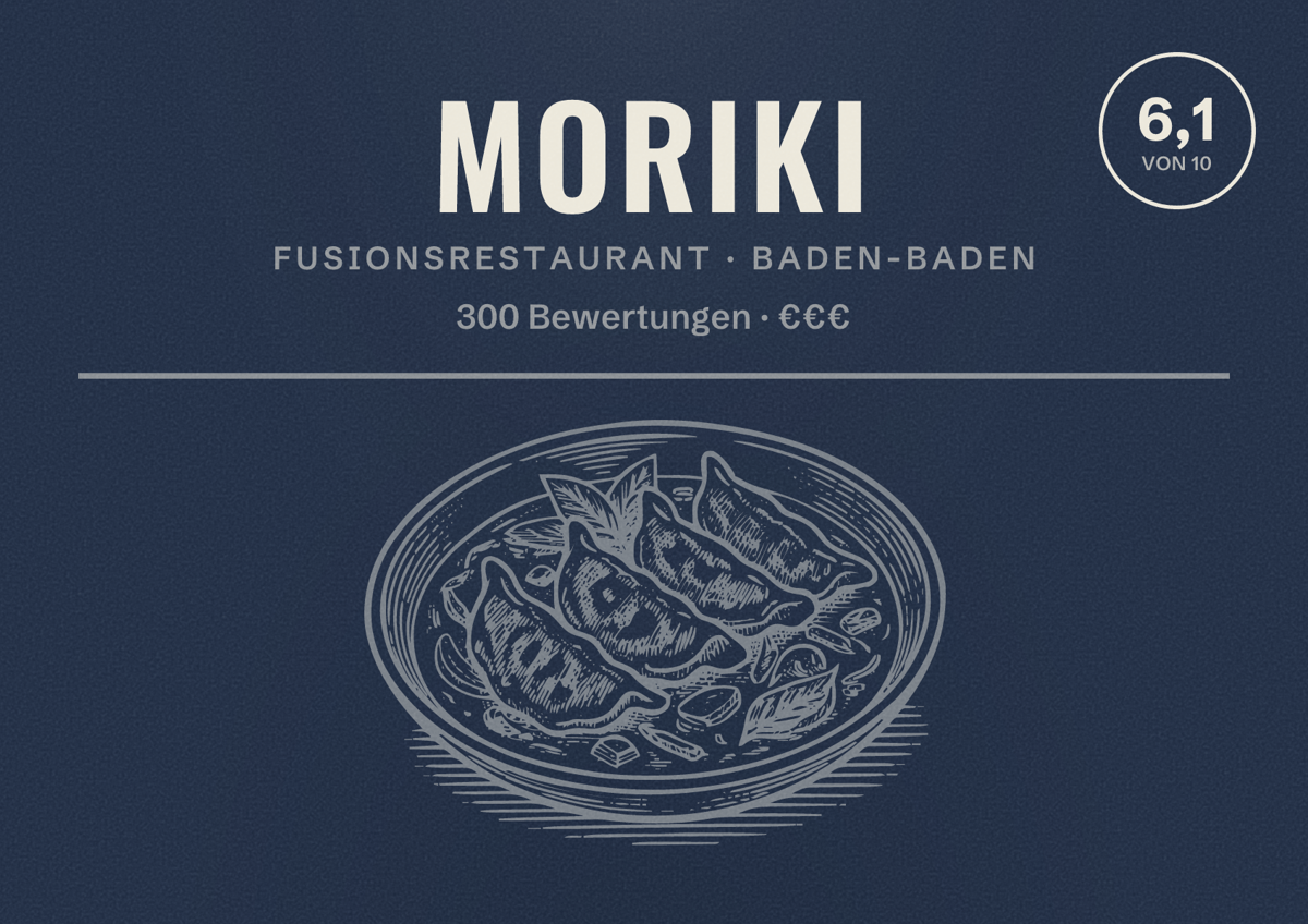 Illustriertes Poster von moriki, Fusionsrestaurant in Baden-Baden: Bewertung 6,1 von 10 aus 300 Bewertungen, Preisniveau €€€