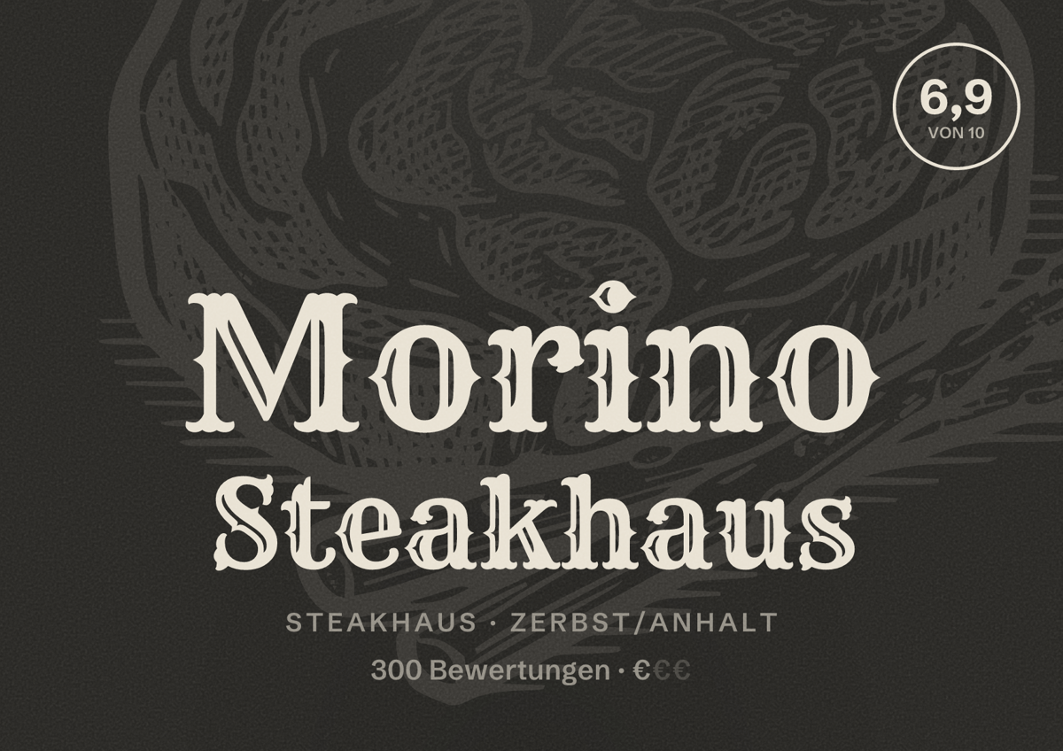 Illustriertes Poster von Morino Steakhaus, Steakhaus in Zerbst/Anhalt: Bewertung 6,9 von 10 aus 300 Bewertungen, Preisniveau €