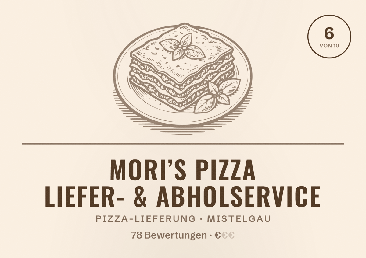 Illustriertes Poster von Mori’s Pizza Liefer- & Abholservice, Pizza-Lieferung in Mistelgau: Bewertung 6 von 10 aus 78 Bewertungen, Preisniveau €