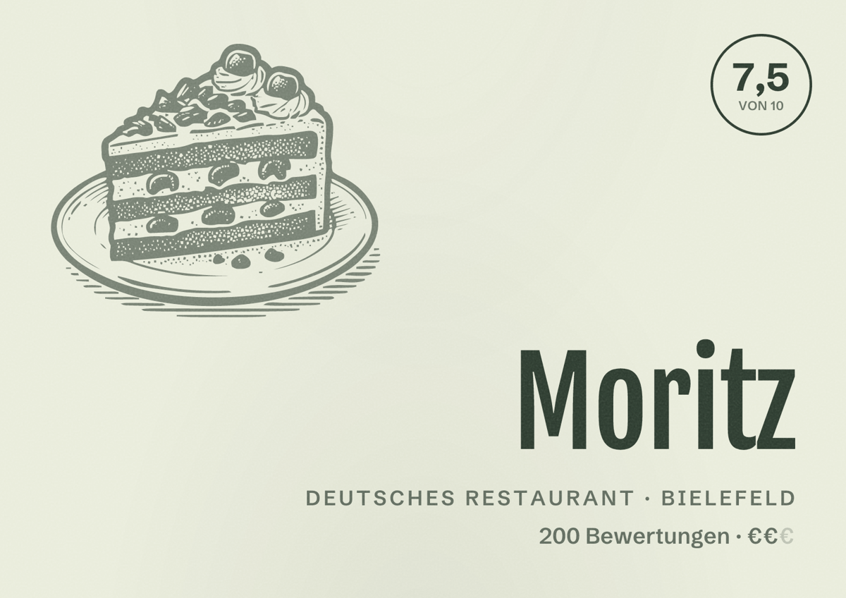 Illustriertes Poster von Moritz, Deutsches Restaurant in Bielefeld: Bewertung 7,5 von 10 aus 200 Bewertungen, Preisniveau €€