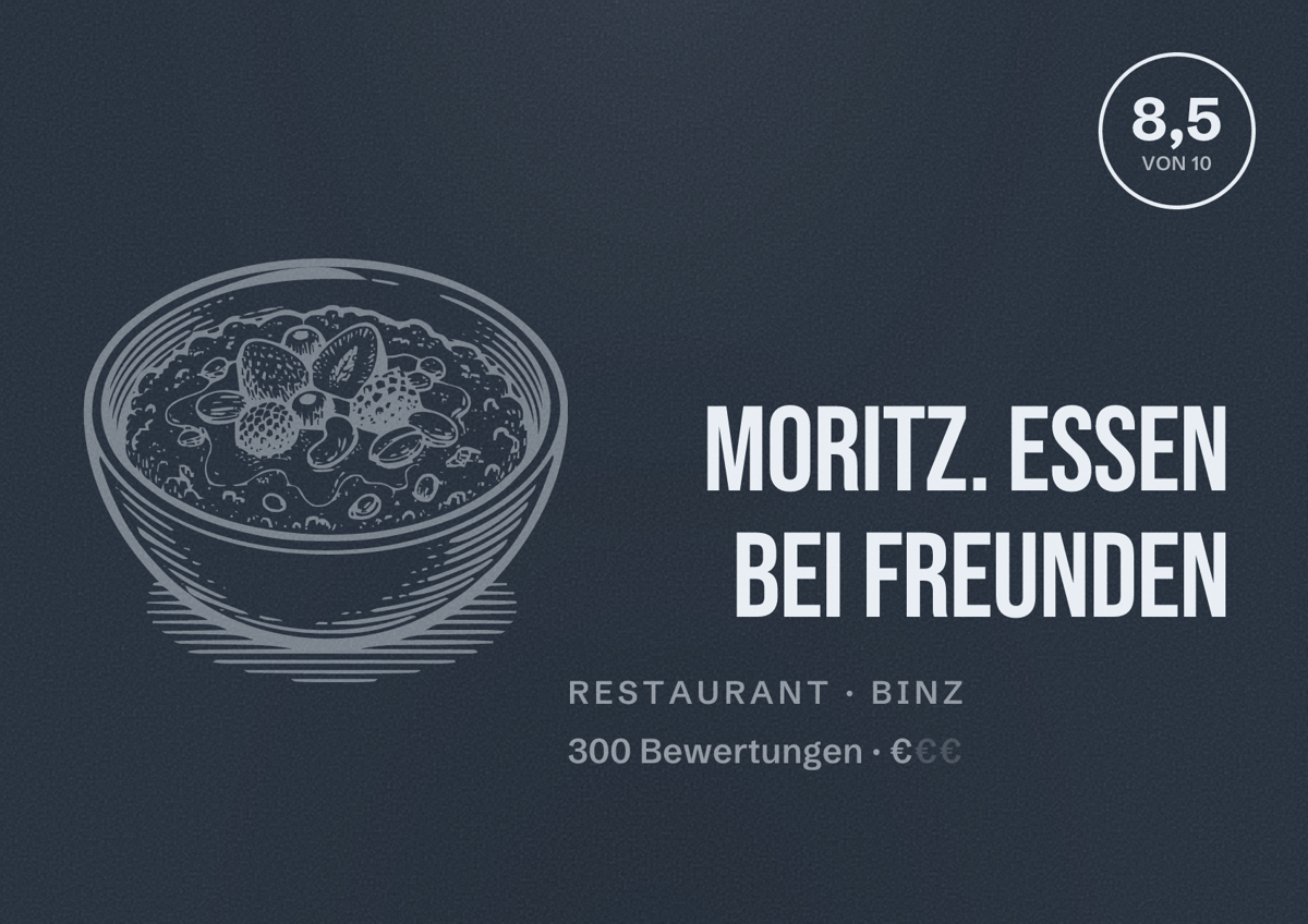 Illustriertes Poster von Moritz. Essen bei Freunden, Restaurant in Binz: Bewertung 8,5 von 10 aus 300 Bewertungen, Preisniveau €