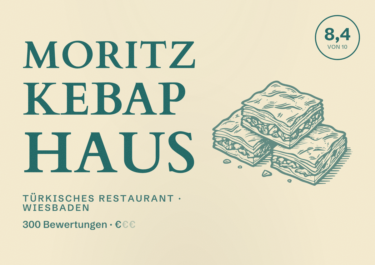 Illustriertes Poster von Moritz Kebap Haus, Türkisches Restaurant in Wiesbaden: Bewertung 8,4 von 10 aus 300 Bewertungen, Preisniveau €