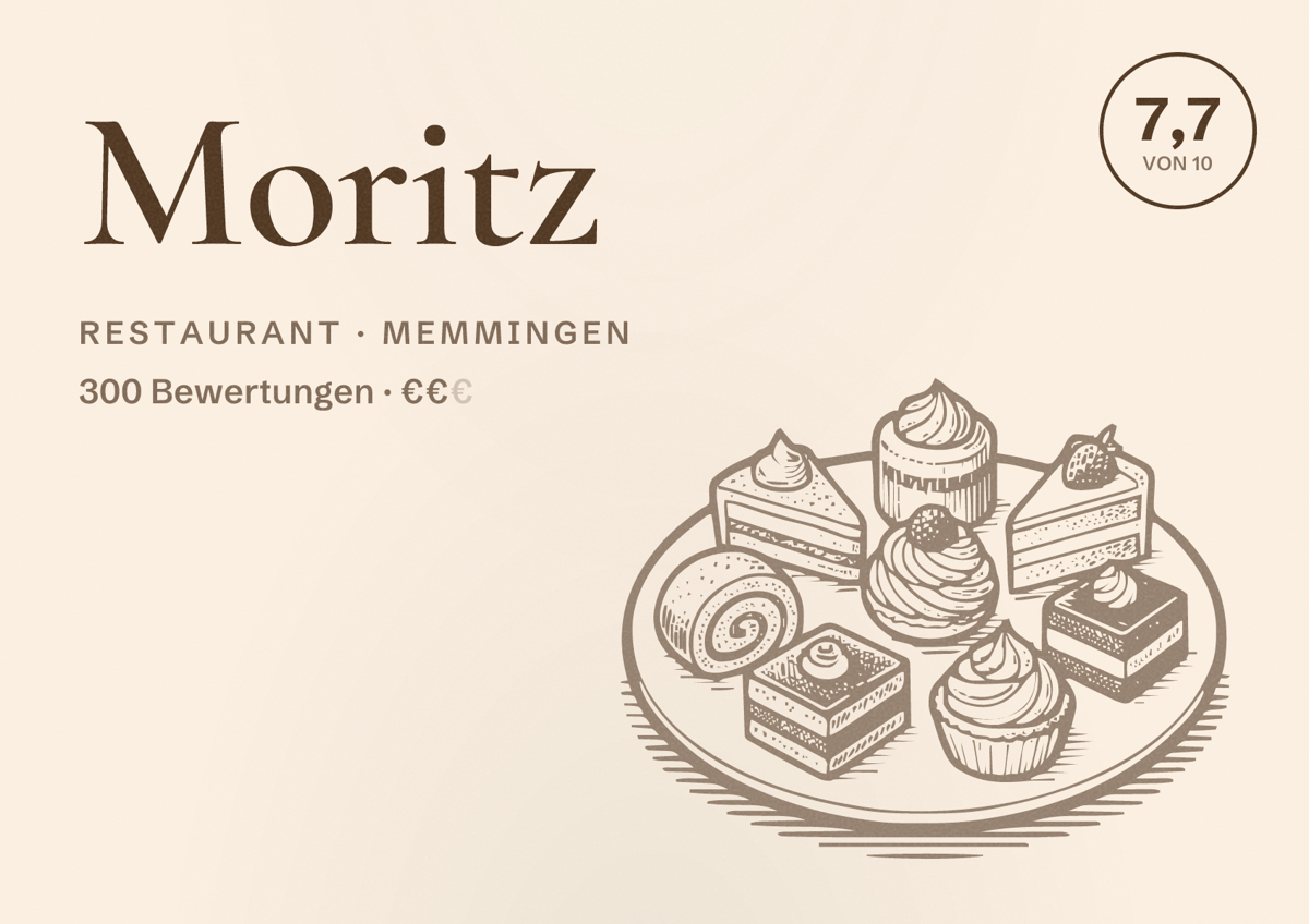 Illustriertes Poster von Moritz, Restaurant in Memmingen: Bewertung 7,7 von 10 aus 300 Bewertungen, Preisniveau €€