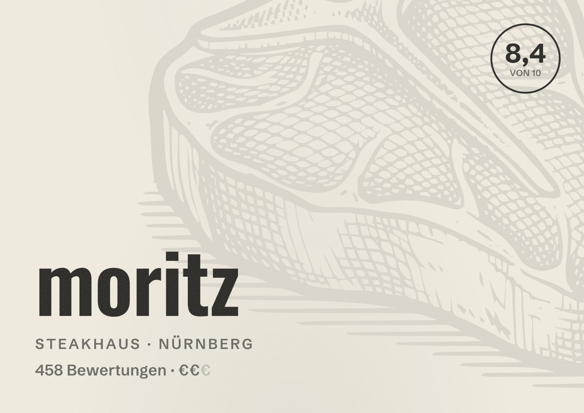 Illustriertes Poster von moritz, Steakhaus in Nürnberg: Bewertung 8,4 von 10 aus 458 Bewertungen, Preisniveau €€