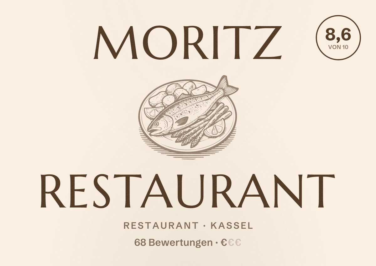 Illustriertes Poster von Moritz Restaurant, Restaurant in Kassel: Bewertung 8,6 von 10 aus 68 Bewertungen, Preisniveau €