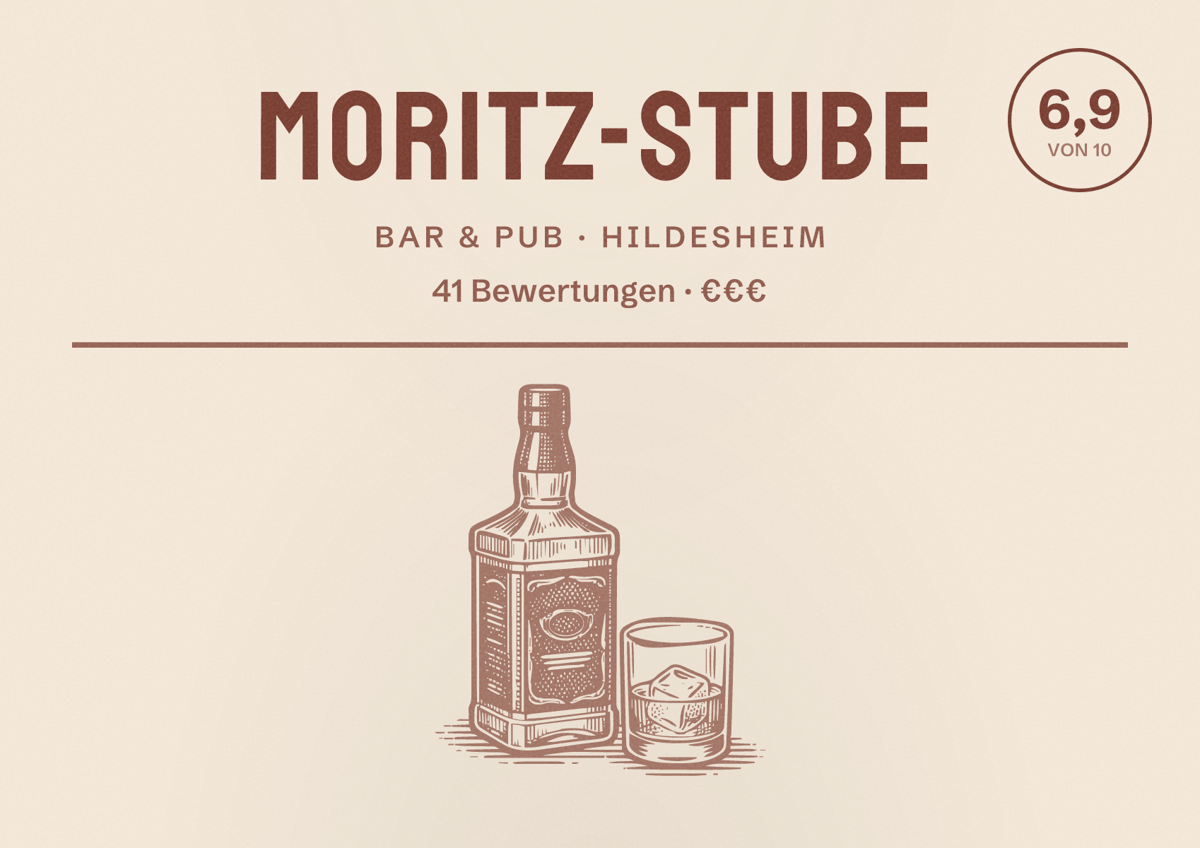 Illustriertes Poster von Moritz-Stube, Bar & Pub in Hildesheim: Bewertung 6,9 von 10 aus 41 Bewertungen, Preisniveau €€€