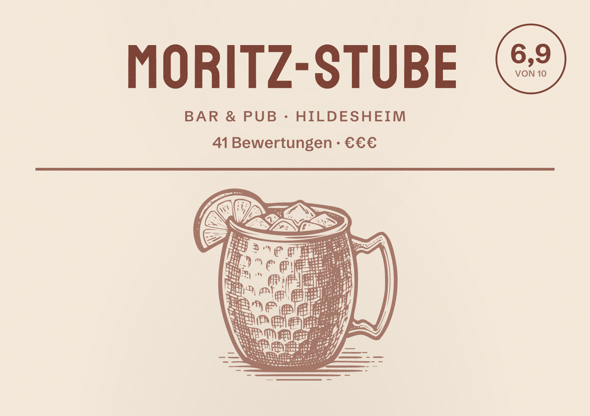 Illustriertes Poster von Moritz-Stube, Bar & Pub in Hildesheim: Bewertung 6,9 von 10 aus 41 Bewertungen, Preisniveau €€€