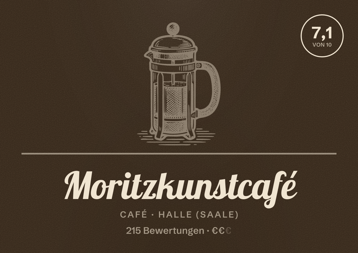 Illustriertes Poster von Moritzkunstcafé, Café in Halle (Saale): Bewertung 7,1 von 10 aus 215 Bewertungen, Preisniveau €€