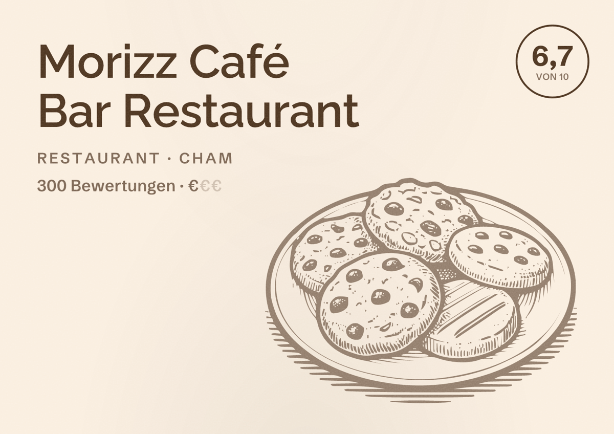 Illustriertes Poster von Morizz Café Bar Restaurant, Restaurant in Cham: Bewertung 6,7 von 10 aus 300 Bewertungen, Preisniveau €