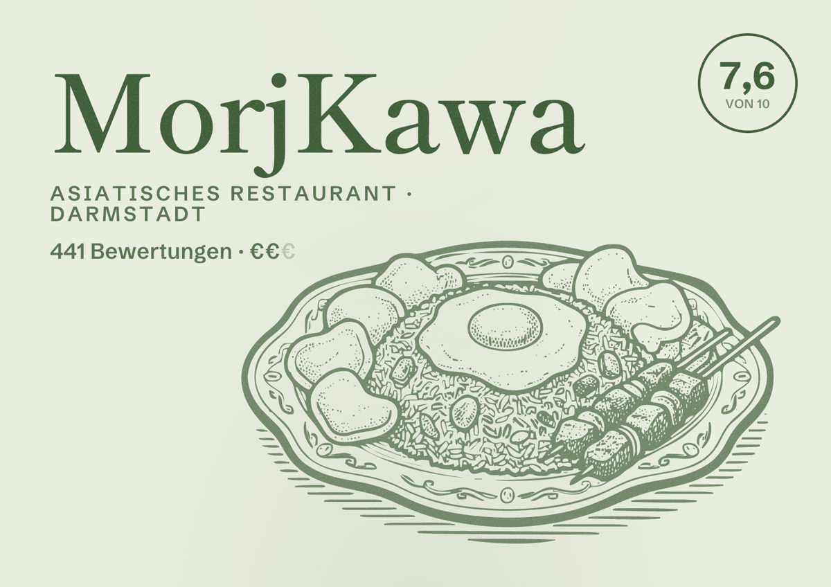 Illustriertes Poster von MorjKawa, Asiatisches Restaurant in Darmstadt: Bewertung 7,6 von 10 aus 441 Bewertungen, Preisniveau €€
