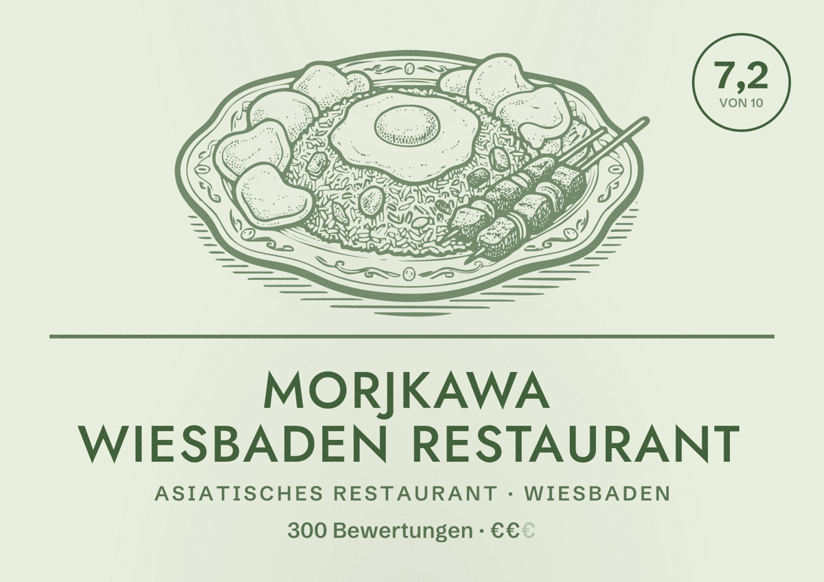 Illustriertes Poster von MorjKawa Wiesbaden Restaurant, Asiatisches Restaurant in Wiesbaden: Bewertung 7,2 von 10 aus 300 Bewertungen, Preisniveau €€