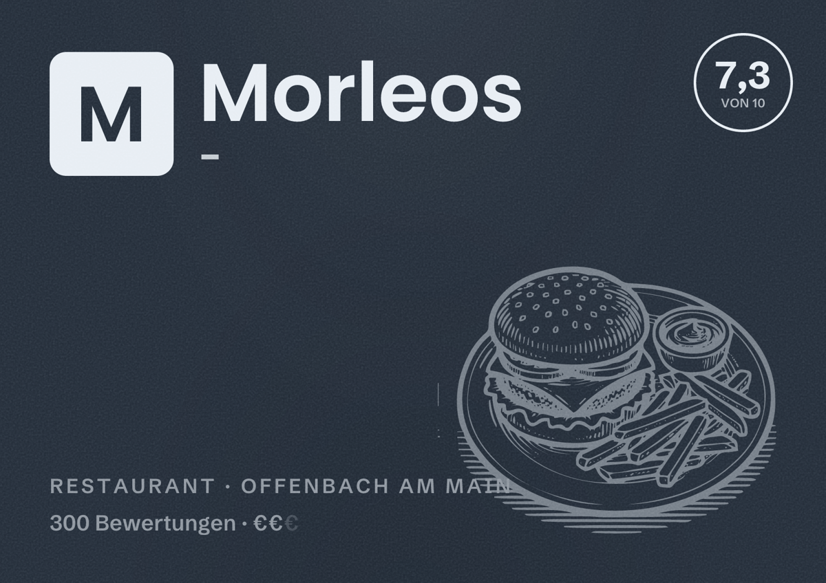 Illustriertes Poster von Morleos -, Restaurant in Offenbach am Main: Bewertung 7,3 von 10 aus 300 Bewertungen, Preisniveau €€