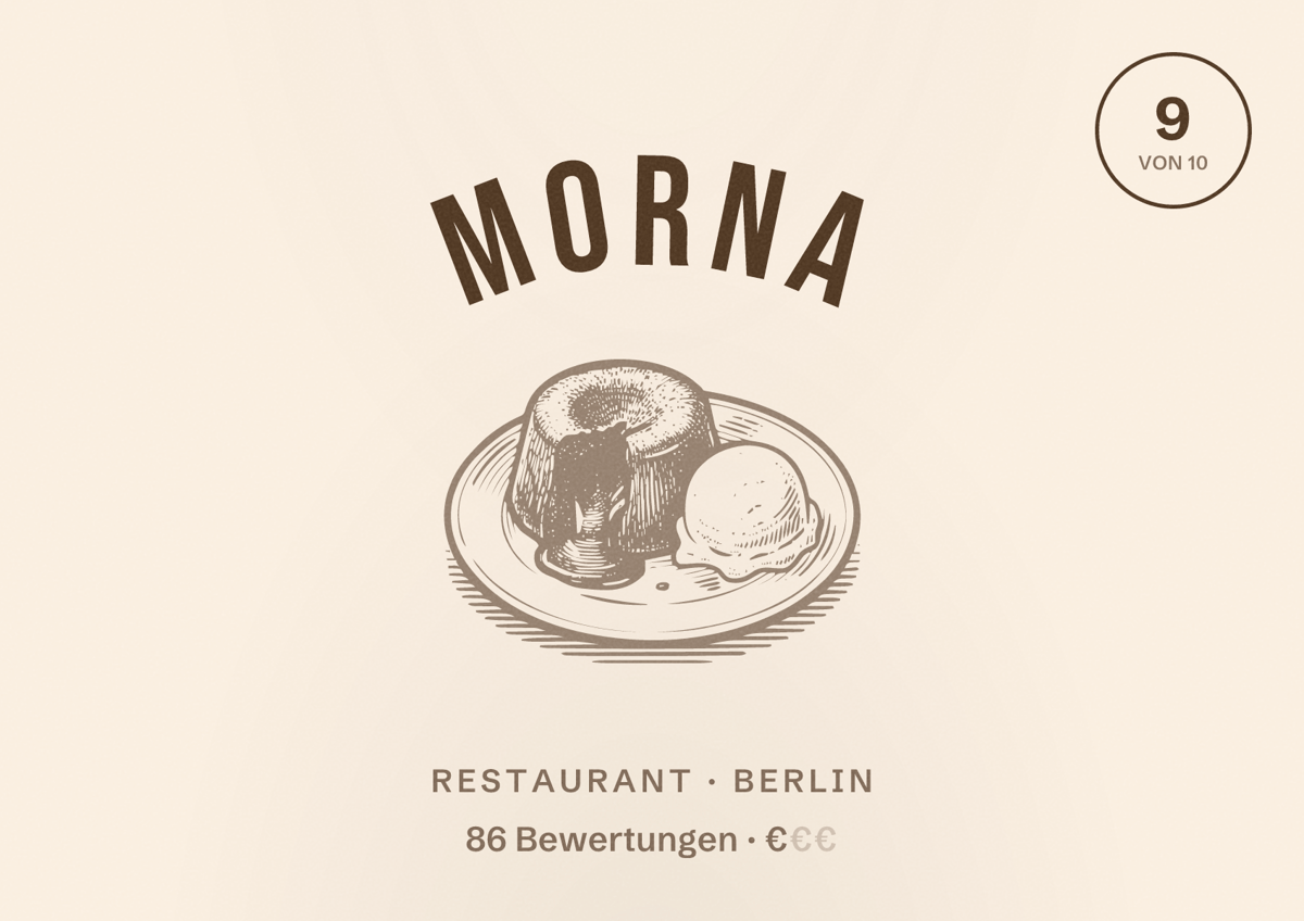 Illustriertes Poster von Morna, Restaurant in Berlin: Bewertung 9,0 von 10 aus 86 Bewertungen, Preisniveau €