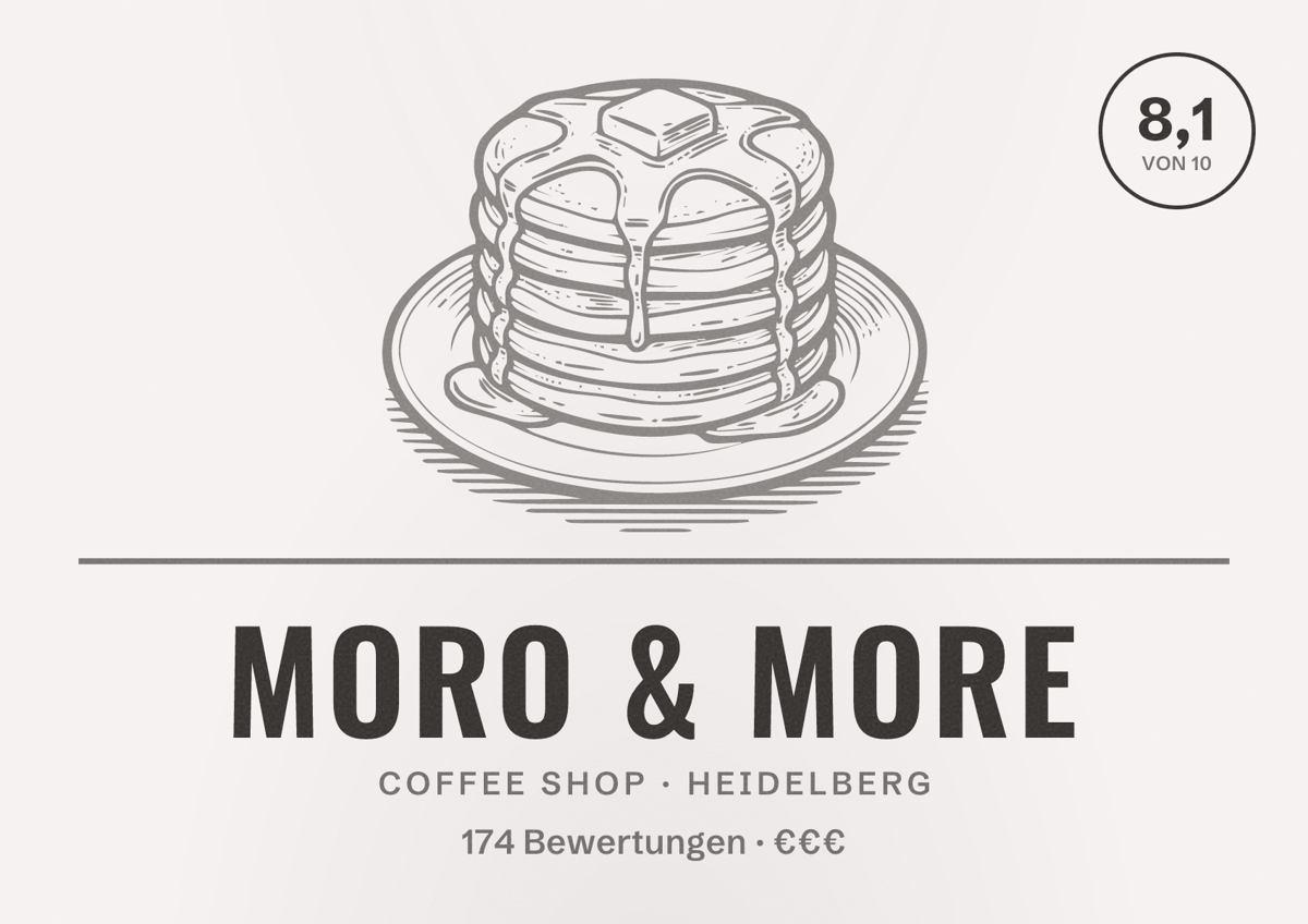 Illustriertes Poster von Moro & More, Coffee Shop in Heidelberg: Bewertung 8,1 von 10 aus 174 Bewertungen, Preisniveau €€€
