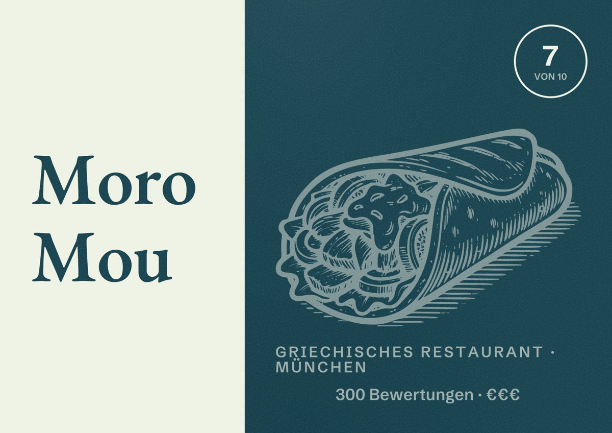Illustriertes Poster von Moro Mou, Griechisches Restaurant in München: Bewertung 7,0 von 10 aus 300 Bewertungen, Preisniveau €€€