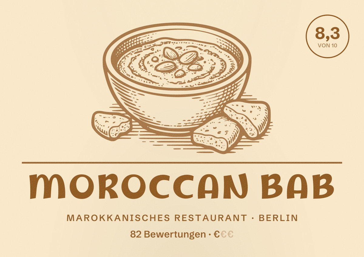 Illustriertes Poster von Moroccan Bab, Marokkanisches Restaurant in Berlin: Bewertung 8,3 von 10 aus 82 Bewertungen, Preisniveau €