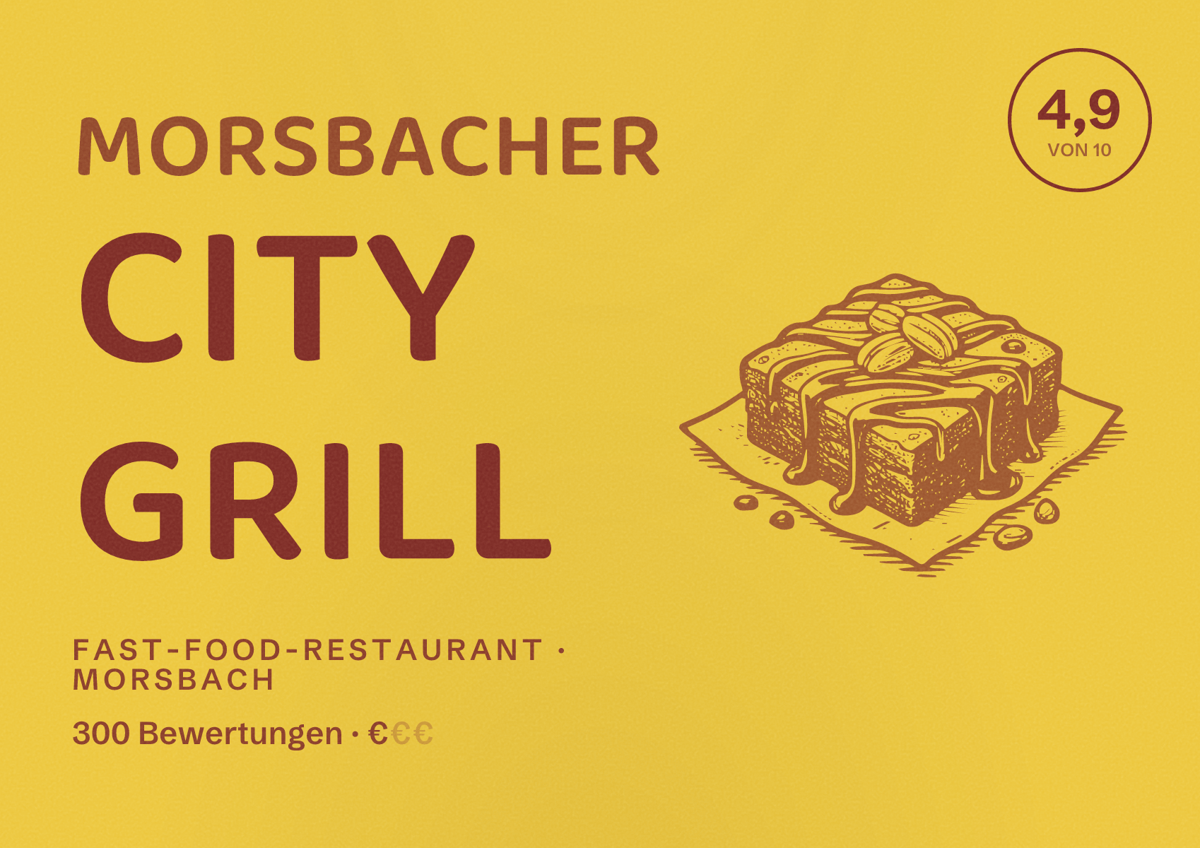 Illustriertes Poster von Morsbacher City Grill, Fast-Food-Restaurant in Morsbach: Bewertung 4,9 von 10 aus 300 Bewertungen, Preisniveau €