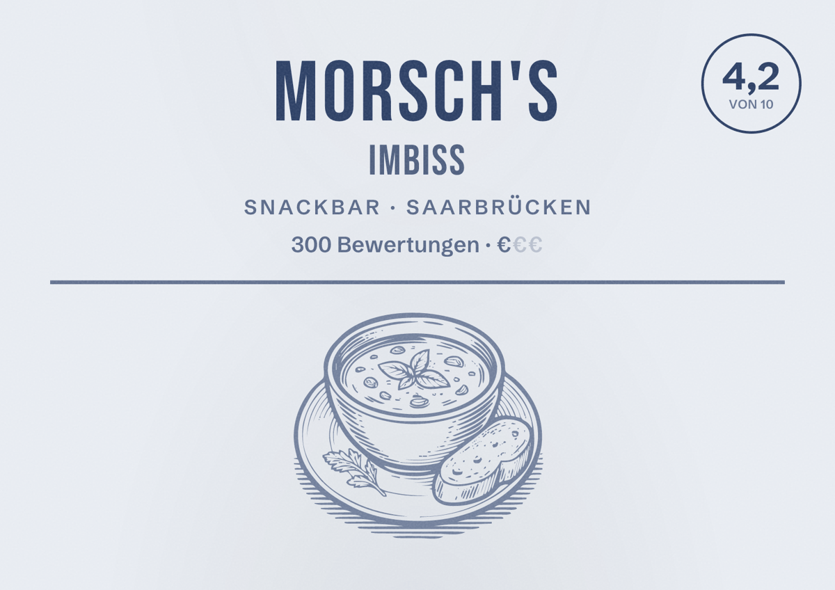 Illustriertes Poster von Morsch's Imbiss, Snackbar in Saarbrücken: Bewertung 4,2 von 10 aus 300 Bewertungen, Preisniveau €