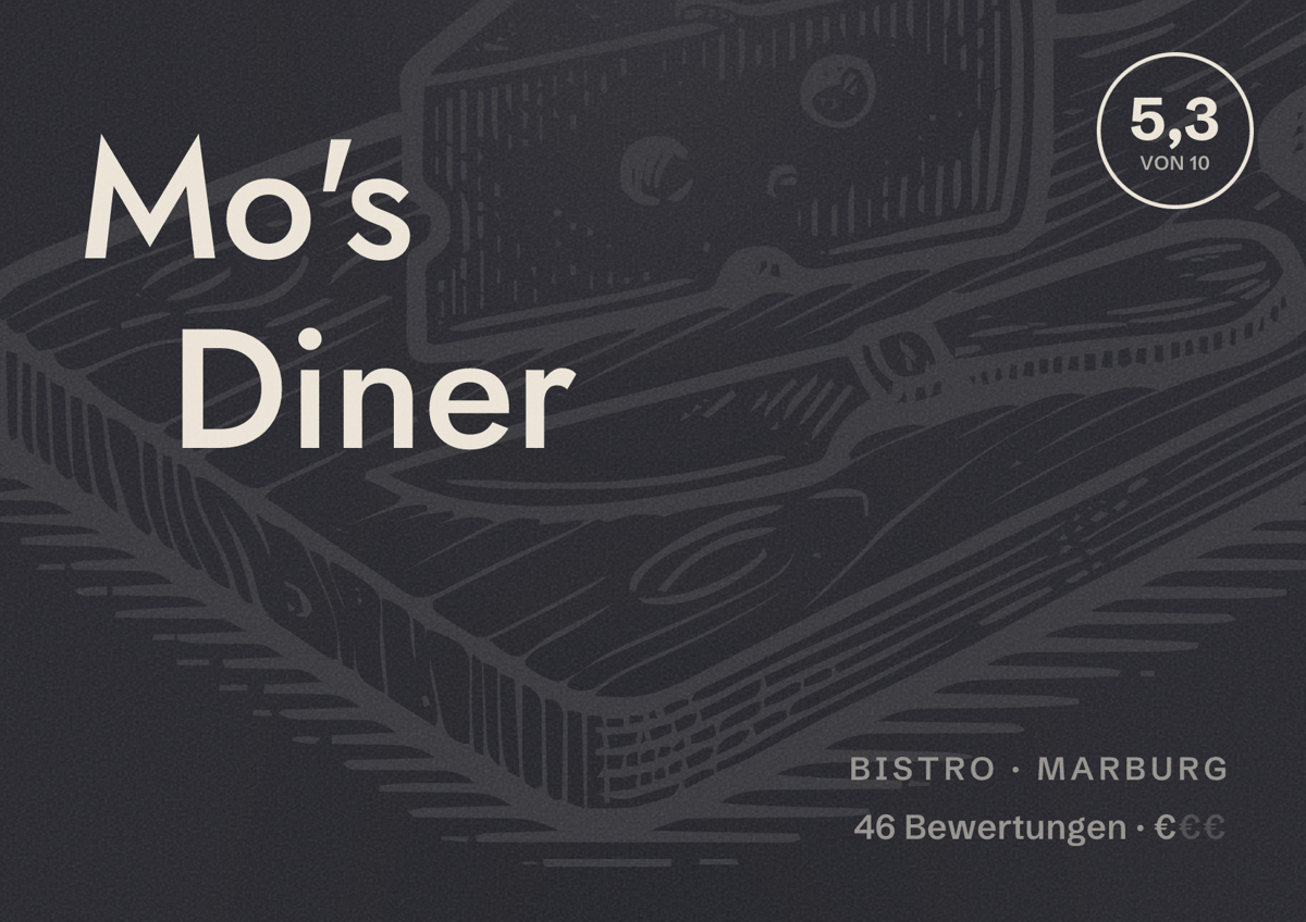 Illustriertes Poster von Mo's Diner, Bistro in Marburg: Bewertung 5,3 von 10 aus 46 Bewertungen, Preisniveau €
