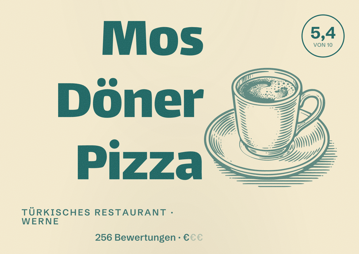 Illustriertes Poster von Mos Döner Pizza, Türkisches Restaurant in Werne: Bewertung 5,4 von 10 aus 256 Bewertungen, Preisniveau €