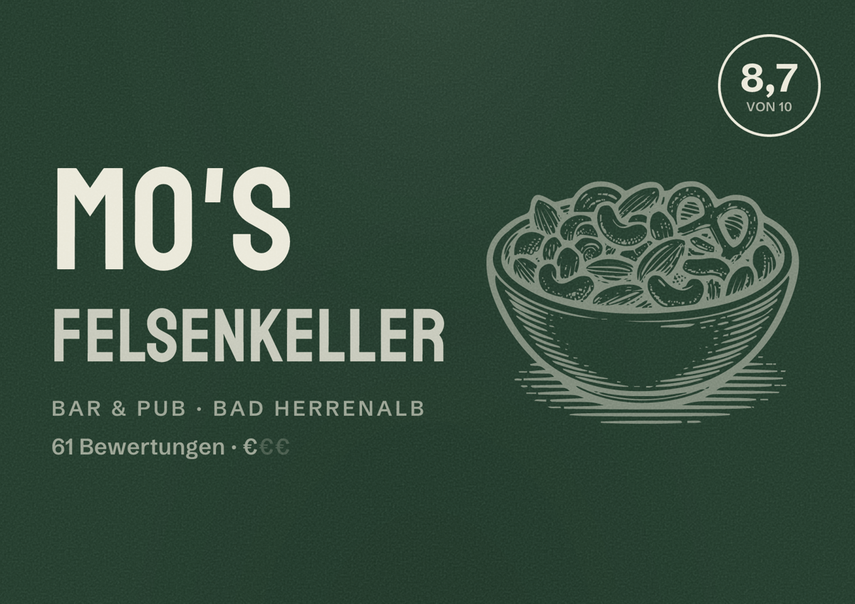Illustriertes Poster von Mo's Felsenkeller, Bar & Pub in Bad Herrenalb: Bewertung 8,7 von 10 aus 61 Bewertungen, Preisniveau €