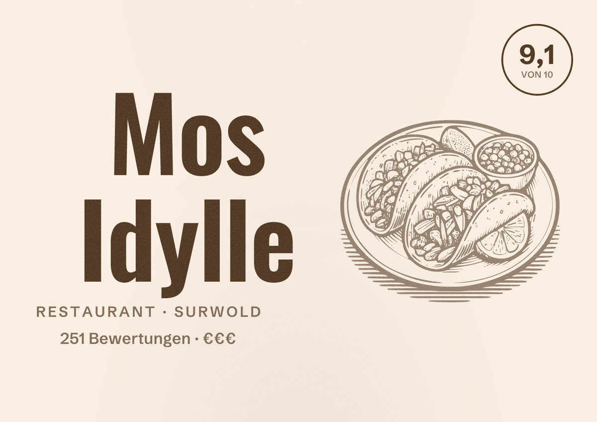 Illustriertes Poster von Mos Idylle, Restaurant in Surwold: Bewertung 9,1 von 10 aus 251 Bewertungen, Preisniveau €€€