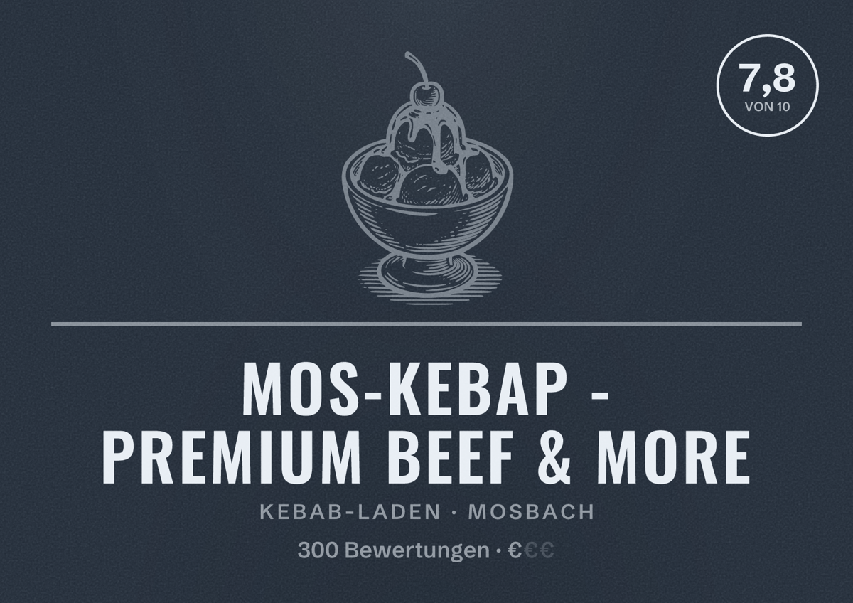Illustriertes Poster von MOS-Kebap - Premium Beef & more, Kebab-Laden in Mosbach: Bewertung 7,8 von 10 aus 300 Bewertungen, Preisniveau €