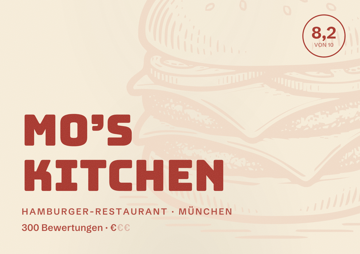 Illustriertes Poster von Mo’s Kitchen, Hamburger-Restaurant in München: Bewertung 8,2 von 10 aus 300 Bewertungen, Preisniveau €