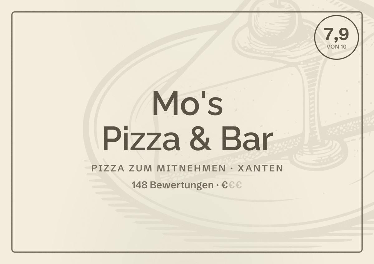 Illustriertes Poster von Mo's Pizza & Bar, Pizza zum Mitnehmen in Xanten: Bewertung 7,9 von 10 aus 148 Bewertungen, Preisniveau €