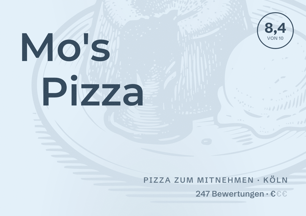 Illustriertes Poster von Mo's Pizza, Pizza zum Mitnehmen in Köln: Bewertung 8,4 von 10 aus 247 Bewertungen, Preisniveau €