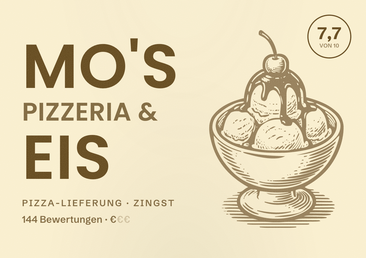 Illustriertes Poster von Mo's Pizzeria & Eis, Pizza-Lieferung in Zingst: Bewertung 7,7 von 10 aus 144 Bewertungen, Preisniveau €