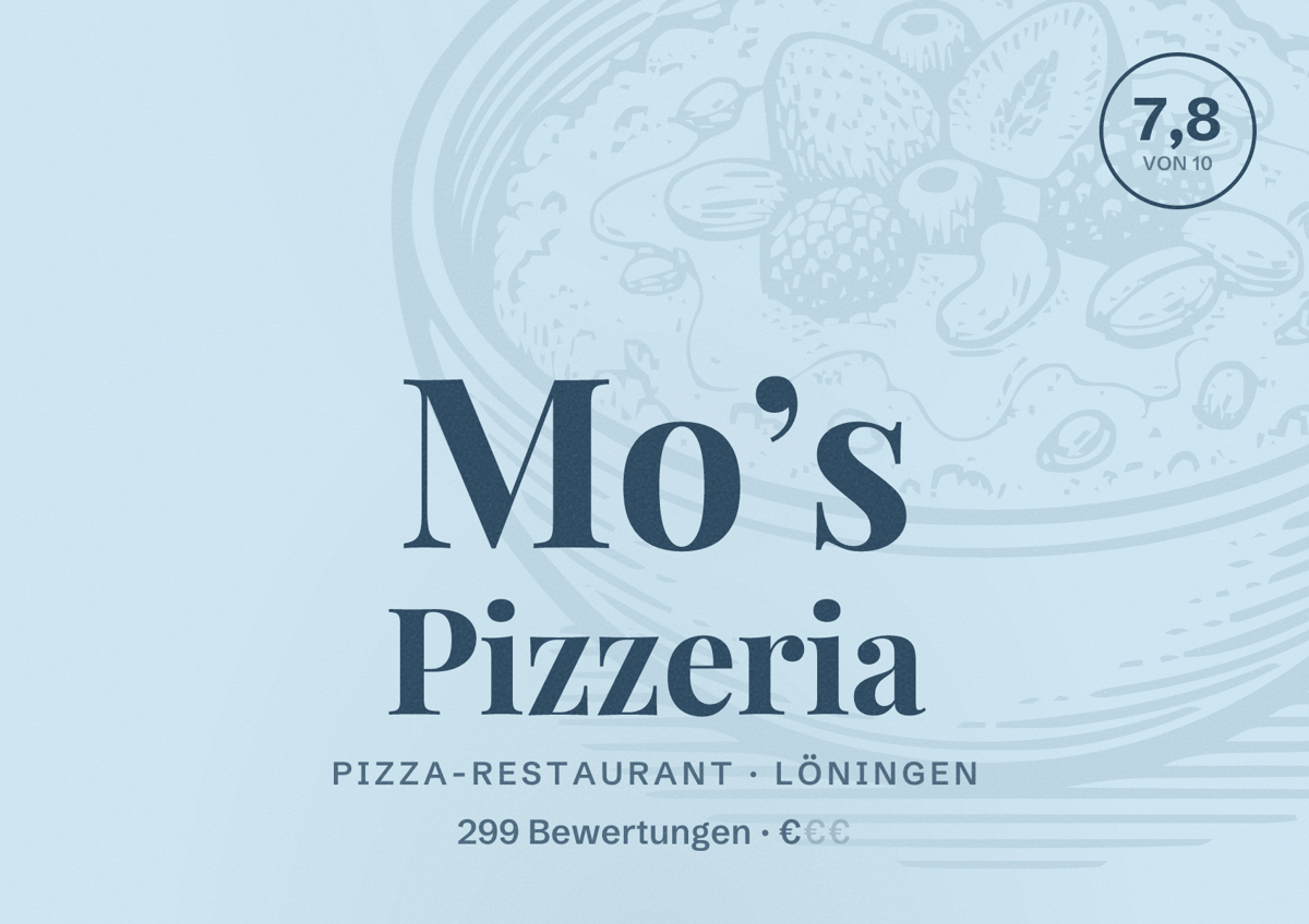 Illustriertes Poster von Mo’s Pizzeria, Pizza-Restaurant in Löningen: Bewertung 7,8 von 10 aus 299 Bewertungen, Preisniveau €