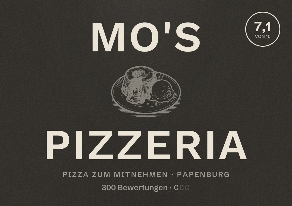 Illustriertes Poster von Mo's Pizzeria, Pizza zum Mitnehmen in Papenburg: Bewertung 7,1 von 10 aus 300 Bewertungen, Preisniveau €