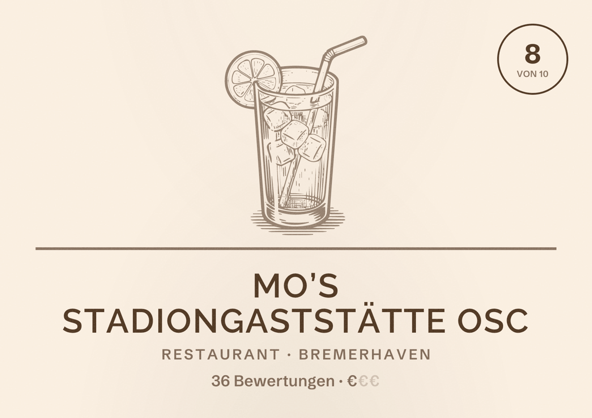 Illustriertes Poster von Mo’s Stadiongaststätte OSC, Restaurant in Bremerhaven: Bewertung 8 von 10 aus 36 Bewertungen, Preisniveau €
