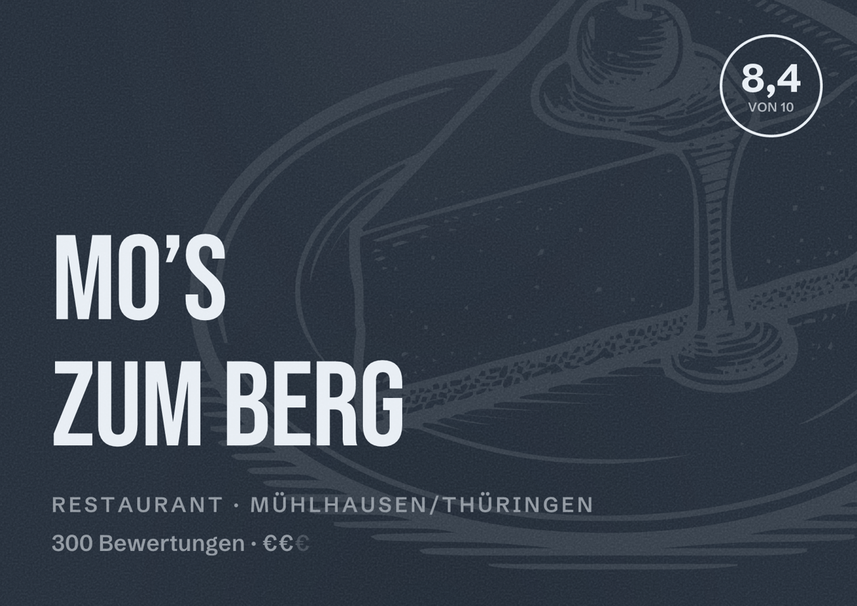 Illustriertes Poster von Mo’s Zum Berg, Restaurant in Mühlhausen/Thüringen: Bewertung 8,4 von 10 aus 300 Bewertungen, Preisniveau €€