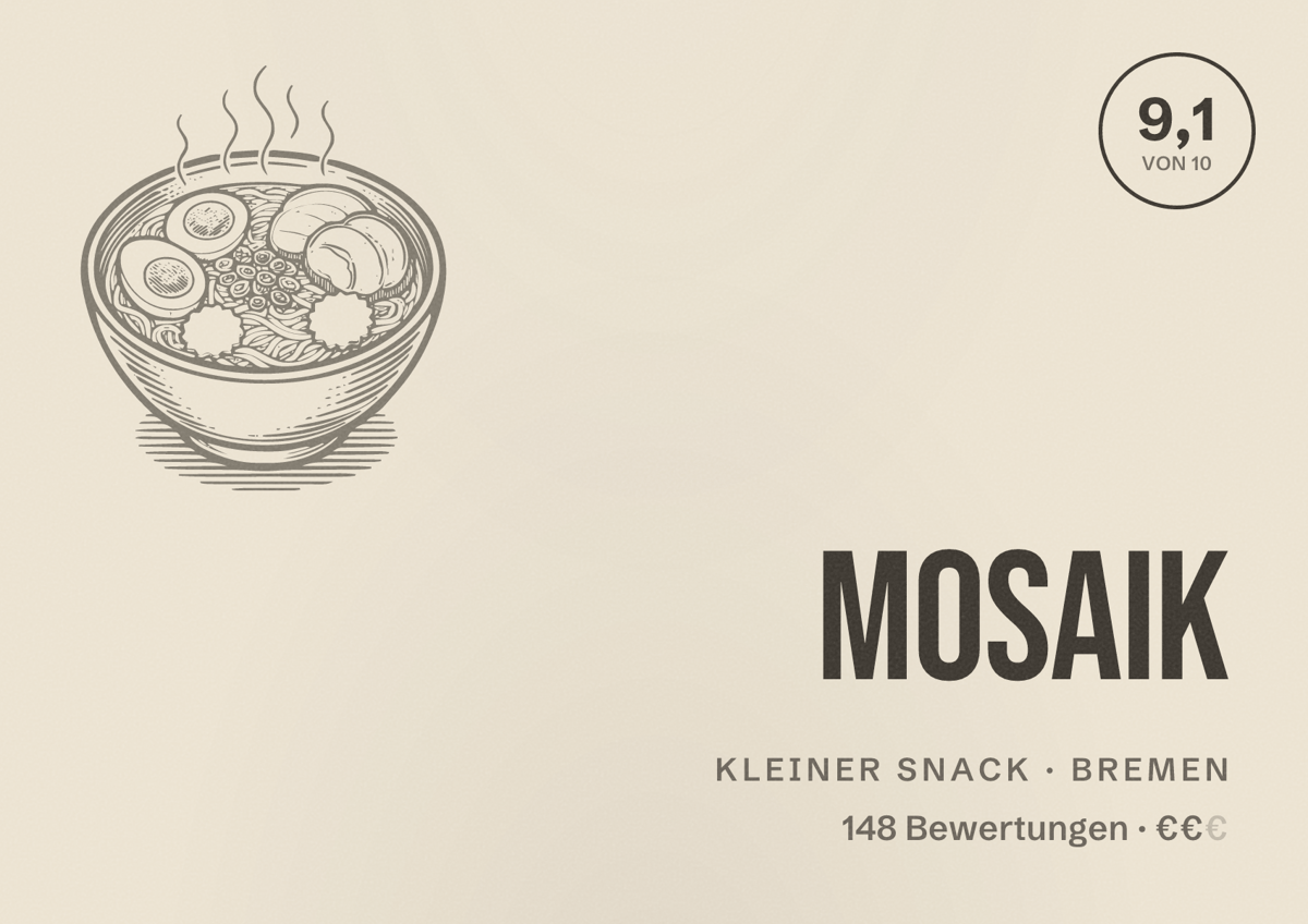 Illustriertes Poster von Mosaik, Kleiner Snack in Bremen: Bewertung 9,1 von 10 aus 148 Bewertungen, Preisniveau €€