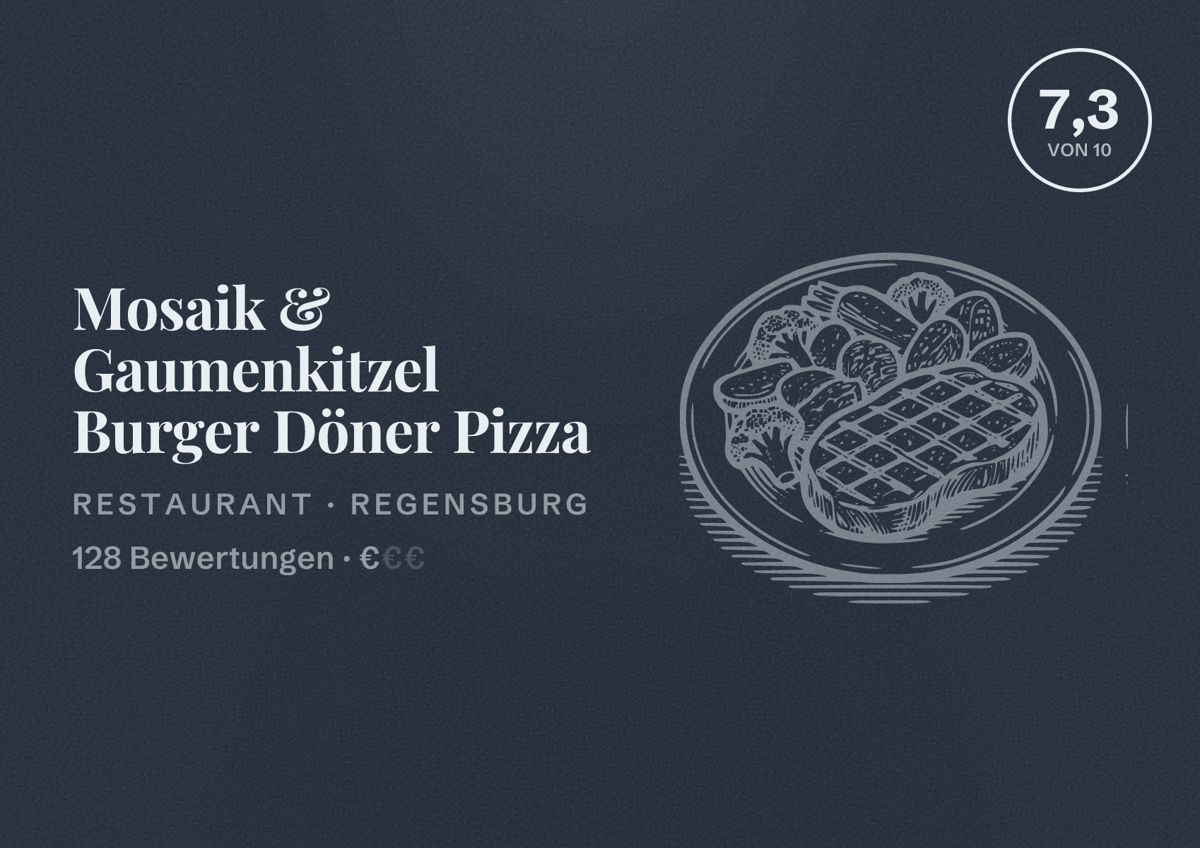 Illustriertes Poster von Mosaik & Gaumenkitzel Burger Döner Pizza, Restaurant in Regensburg: Bewertung 7,3 von 10 aus 128 Bewertungen, Preisniveau €