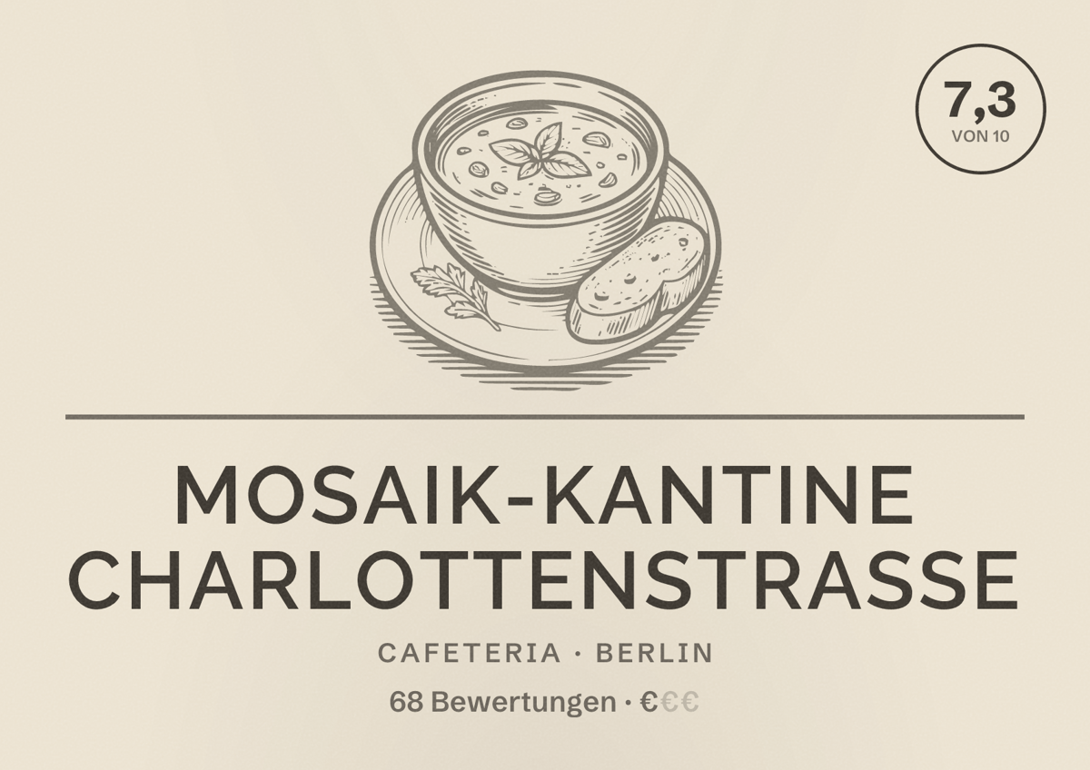 Illustriertes Poster von Mosaik-Kantine Charlottenstraße, Cafeteria in Berlin: Bewertung 7,3 von 10 aus 68 Bewertungen, Preisniveau €