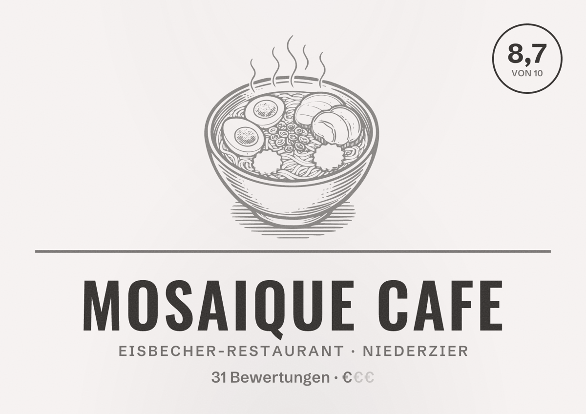 Illustriertes Poster von Mosaique Cafe, Eisbecher-Restaurant in Niederzier: Bewertung 8,7 von 10 aus 31 Bewertungen, Preisniveau €