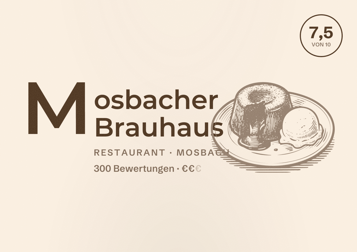 Illustriertes Poster von Mosbacher Brauhaus, Restaurant in Mosbach: Bewertung 7,5 von 10 aus 300 Bewertungen, Preisniveau €€