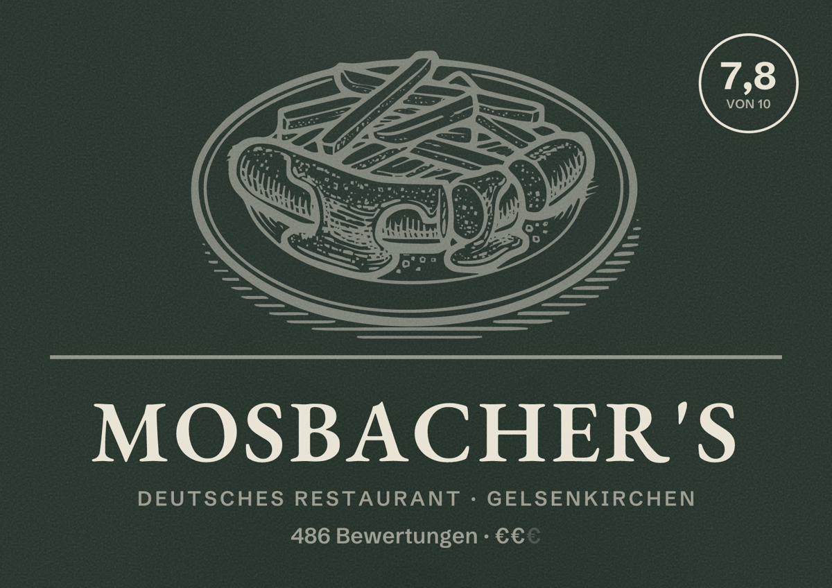 Illustriertes Poster von Mosbacher's, Deutsches Restaurant in Gelsenkirchen: Bewertung 7,8 von 10 aus 486 Bewertungen, Preisniveau €€