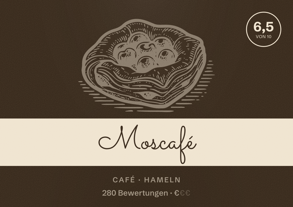 Illustriertes Poster von Moscafé, Café in Hameln: Bewertung 6,5 von 10 aus 280 Bewertungen, Preisniveau €