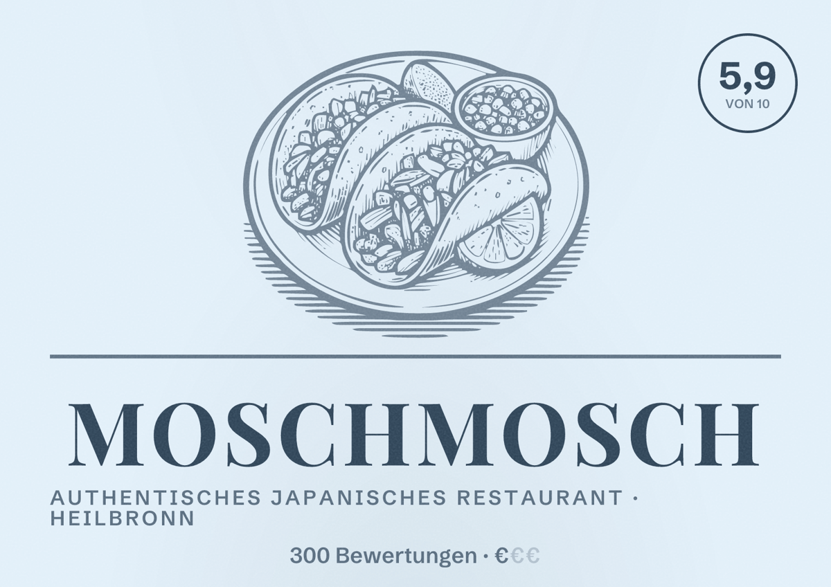 Illustriertes Poster von MoschMosch, Authentisches japanisches Restaurant in Heilbronn: Bewertung 5,9 von 10 aus 300 Bewertungen, Preisniveau €