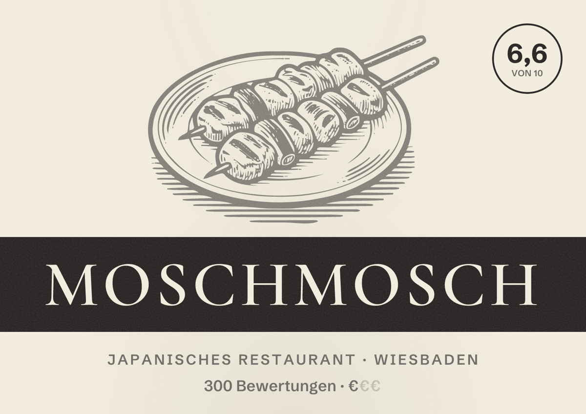 Illustriertes Poster von MoschMosch, Japanisches Restaurant in Wiesbaden: Bewertung 6,6 von 10 aus 300 Bewertungen, Preisniveau €