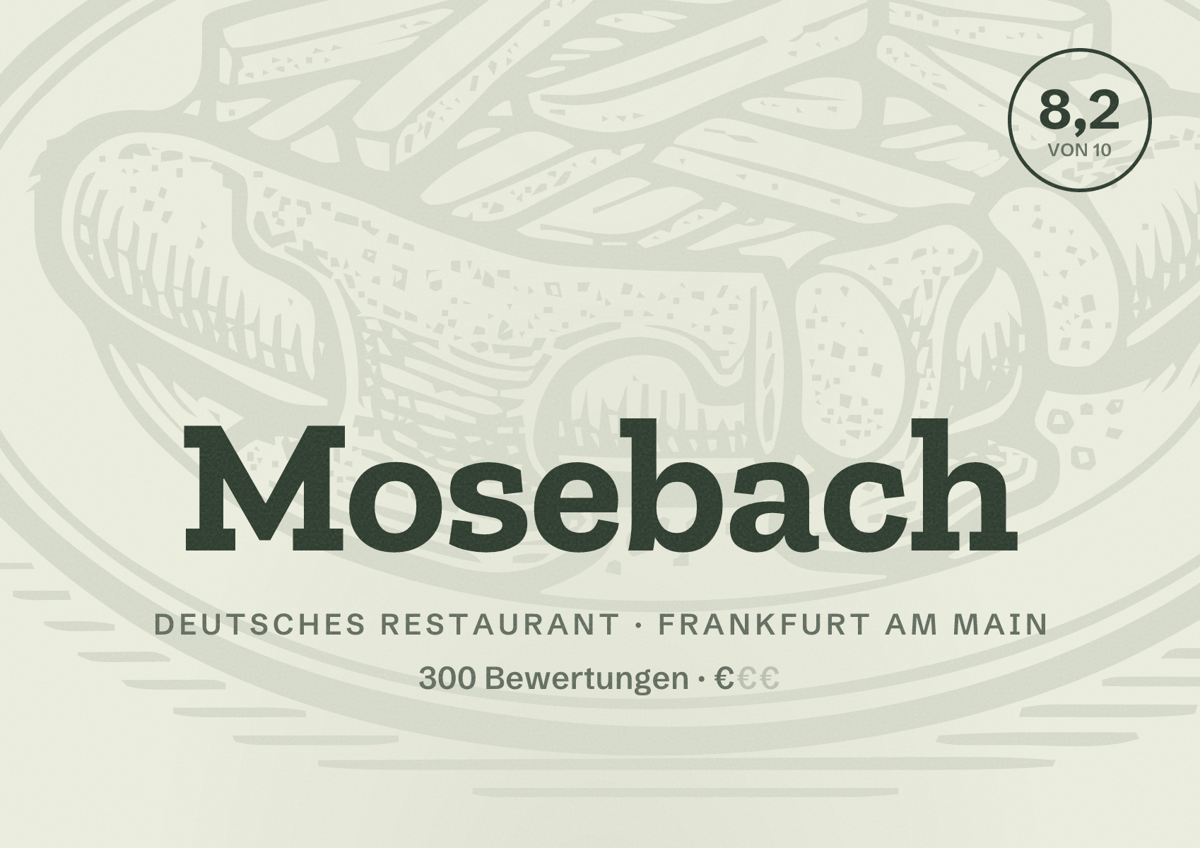 Illustriertes Poster von Mosebach, Deutsches Restaurant in Frankfurt am Main: Bewertung 8,2 von 10 aus 300 Bewertungen, Preisniveau €